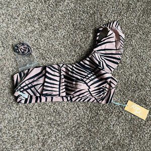 NWT Kona Sol One Shoulder Ruffle Bikini Top with Strap, Size M, Taupe & Black